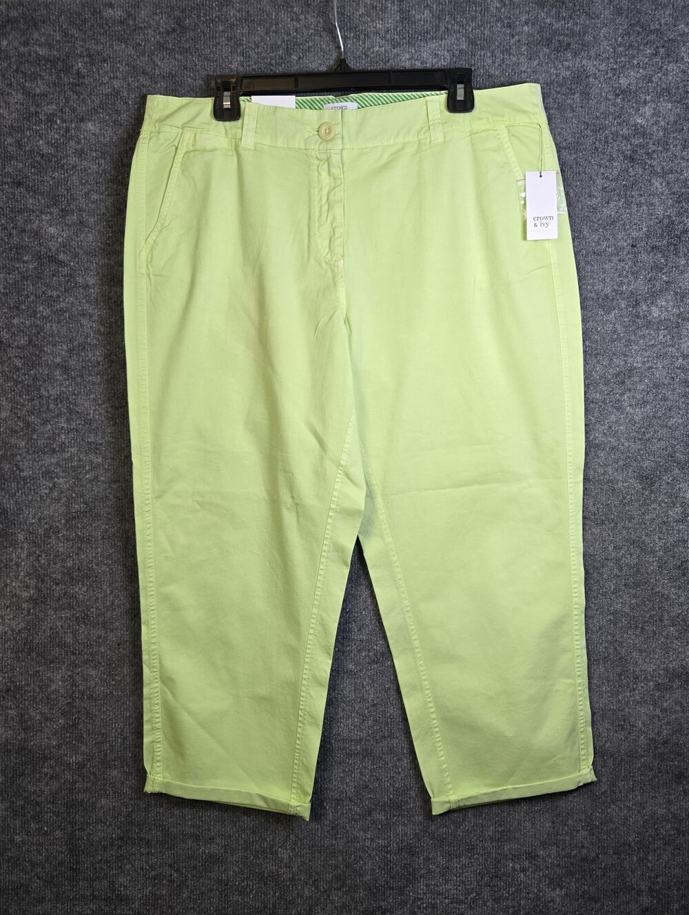 Crown and Ivy Chinos Womens 14 Lime Green Cotton Cuffed Capris Slash Pockets New